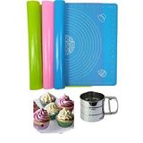 Çok Amaçlı Hamur Açma Matı 45 Cm X 65 Cm, Çelik Un Eleği Ve Kağıt Muffin Kalıbı 100 Lü Çok Renkli