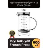 Çok Amaçlı Isıyı Koruyan Süzgeçli Bitki Çayı Filtre Kahve Demlik Ölçü Kabı Cam French Press 600 ml - diğer - Şeffaf
