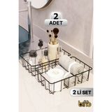 Çok Amaçlı Makyaj ve Banyo Düzenleyici, Siyah Metal, 2'li Set - Ahşap