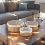 Çok Amaçlı Saklama Kutusu 3 Lü Set Düzenleyici Derin Boy Organizer Dekoratif Bambu Düzenleyici 3 Boy Doğal Renk Yuvarlak - 41 Delft Blue