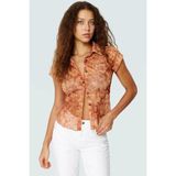 Çok Çiçek Desenli Polyester Örme Bluz Vücuda Oturan Kısa Kollu Gömlek Yaka Tül