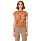 Çok Çiçek Desenli Polyester Örme Bluz Vücuda Oturan Kısa Kollu Gömlek Yaka Tül_Çok Renkli-XL