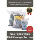Çok Fonksiyonlu Dayanıklı Yıkama Renkli Fermuarlı Kirli Temiz Sepeti Fileli Çamaşır Torbası 3 Adet