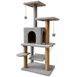 Çok Katlı Kedi Tırmalama Evi, 115 Cm Yüksek Geniş Salıncaklı Komple Kumaş Kaplı 1 Büyük Yuvalı 2 Oturaklı Katlı Sistemli Kolay Kurulumlu Gri Renk Kedi Rezidans Oyun Tırmalama ve Dinlenme Evi Modeli