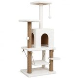 Çok Katlı Kedi Tırmalama Evi, 115 Cm Yüksek Geniş Tasarımlı Salıncaklı Komple Kumaş Kaplı 1 Büyük Yuvalı 2 Oturaklı Katlı Sistemli Kolay Kurulumlu Beyaz Kedi Rezidans Oyun Tırmalama ve Dinlenme Evi