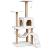 Çok Katlı Kedi Tırmalama Evi, 125 Cm Yüksek Geniş Tasarımlı Hamaklı Komple Kumaş Kaplı 1 Büyük Yuvalı 2 Oturaklı Katlı Sistemli Kolay Kurulumlu Beyaz Kedi Rezidans Oyun Tırmalama ve Dinlenme Evi