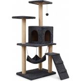 Çok Katlı Kedi Tırmalama Evi, 125 cm Yüksek Geniş Tasarımlı Hamaklı Komple Kumaş Kaplı 1 Büyük Yuvalı 2 Oturaklı Katlı Sistemli Kolay Kurulumlu Siyah Kedi Rezidans Oyun Tırmalama ve Dinlenme Evi - - - Ahşap