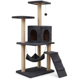 Çok Katlı Kedi Tırmalama Evi, 125 Cm Yüksek Geniş Tasarımlı Hamaklı Komple Kumaş Kaplı 1 Büyük Yuvalı 2 Oturaklı Katlı Sistemli Kolay Kurulumlu Siyah Kedi Rezidans Oyun Tırmalama ve Dinlenme Evi