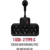 Çoklu Kablolu Priz -Priz Çoğaltıcı-Priz Dönüştürücü 1usb - 2type-C Girişli Yüksek Akım Korumalı Fiş - Siyah