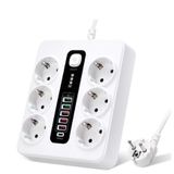 Çoklu priz, 6'lı USB, 12'si 1 arada çoklu priz, 5 USB-A ve 1 USB-C, şalterli, 2 m uzatma kablosu, 3000 W, ofis, ev için çoklu priz (beyaz)