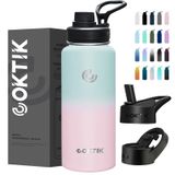 COKTIK 40 oz Kamışlı Spor Su Şişesi, 3 Kapaklı, Paslanmaz Çelik Vakum Yalıtımlı Su Şişeleri, Sızdırmaz, Hafif, Soğuk ve Sıcak Tutar, Seyahat, Yürüyüş, Bisiklet, Koşu için Harika (Kabarcık Sakız)