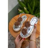 Coky Silver Çiçek Detaylı Kadın Hasır Sandalet