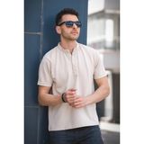 Cole Slim Fit Esnek Likralı Yarım Düğmeli Kısa Kol Hakim Yaka Erkek Gömlek - Krem