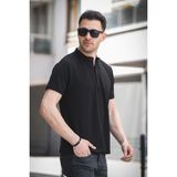 Cole Slim Fit Esnek Likralı Yarım Düğmeli Kısa Kol Hakim Yaka Erkek Gömlek - Siyah