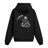 Colermi Azrail Tırpan Sırt Baskılı Kapüşonlu Sweatshirt | Pamuk kumaş, rahat kesim; kurukafa bıçaklı tırpan tutan azrail figürüyle karanlık bir tasarım