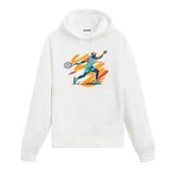 Colermi Durmadan İleri Kapüşonlu Sweatshirt | Pamuk kumaş; rahat kesim; turuncu-turkuaz renkli koşan tenis oyuncusu illüstrasyonu göğüste