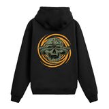 Colermi Girdap Kurukafa Sırt Baskılı Kapüşonlu Sweatshirt | Pamuk kumaş, rahat kesim, turuncu girdap ve solucan gözlü kurukafa figürüyle rahatsız edici bir tasarım