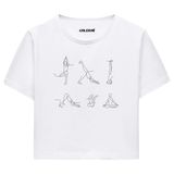 Colermi Kadın Crop Tişört - Minimal Çizim Yoga Figürlü Pamuklu Kısa Kollu Tshirt (Beyaz, S-M)