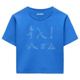 Colermi Kadın Crop Tişört - Minimal Çizim Yoga Figürlü Pamuklu Kısa Kollu Tshirt (Mavi, S-M)