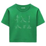 Colermi Kadın Crop Tişört - Minimal Çizim Yoga Figürlü Pamuklu Kısa Kollu Tshirt (Yeşil, L-XL)