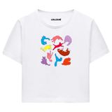 Colermi Kadın Crop Tişört - Renkli Kedili Pamuklu Kısa Kollu Crop Top (Beyaz, S-M)