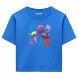 Colermi Kadın Crop Tişört - Renkli Kedili Pamuklu Kısa Kollu Crop Top (Mavi, L-XL)