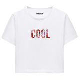 Colermi Kadın Crop Tişört - Siyah Çiçek Desenli COOL Yazılı Pamuklu Kısa Kollu Crop (Beyaz, S-M)