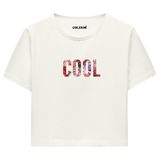 Colermi Kadın Crop Tişört - Siyah Çiçek Desenli COOL Yazılı Pamuklu Kısa Kollu Crop (Ekru, S-M)