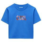 Colermi Kadın Crop Tişört - Siyah Çiçek Desenli COOL Yazılı Pamuklu Kısa Kollu Crop (Mavi, S-M)