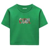 Colermi Kadın Crop Tişört - Siyah Çiçek Desenli COOL Yazılı Pamuklu Kısa Kollu Crop (Yeşil, S-M)