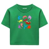 Colermi Kadın Crop Tişört - Siyah Renkli Kedili Pamuklu Kısa Kollu Crop Top (Yeşil, L-XL)
