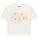Colermi Kadın Crop Tişört - Siyah Yoga Desenli Pamuklu Kısa Kollu Yazlık TShirt (Ekru, S-M)