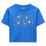 Colermi Kadın Crop Tişört - Siyah Yoga Desenli Pamuklu Kısa Kollu Yazlık TShirt (Mavi, L-XL)