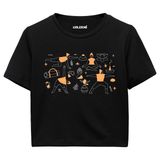 Colermi Kadın Crop Tişört - Siyah Yoga Desenli Pamuklu Kısa Kollu Yazlık TShirt (Siyah, L-XL)
