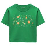 Colermi Kadın Crop Tişört - Siyah Yoga Desenli Pamuklu Kısa Kollu Yazlık TShirt (Yeşil, S-M)