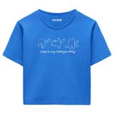 Colermi Kadın Crop Tişört - Siyah Yoga Temalı Kedili Pamuklu Tshirt (Mavi, S-M)
