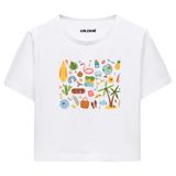 Colermi Kadın Crop Tişört - Tatil ve Yaz Simgeleri Tasarım Pamuklu Kısa Kollu Crop Top (Beyaz, L-XL)