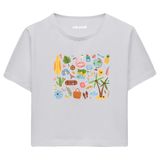 Colermi Kadın Crop Tişört - Tatil ve Yaz Simgeleri Tasarım Pamuklu Kısa Kollu Crop Top (Gri, S-M)