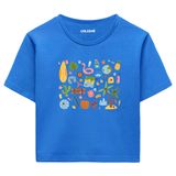 Colermi Kadın Crop Tişört - Tatil ve Yaz Simgeleri Tasarım Pamuklu Kısa Kollu Crop Top (Mavi, S-M)