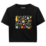 Colermi Kadın Crop Tişört - Tatil ve Yaz Simgeleri Tasarım Pamuklu Kısa Kollu Crop Top (Siyah, S-M)