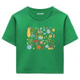 Colermi Kadın Crop Tişört - Tatil ve Yaz Simgeleri Tasarım Pamuklu Kısa Kollu Crop Top (Yeşil, L-XL)