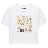 Colermi Kadın Crop Tişört - Yaz Temalı Eğlenceli Tasarım Baskılı Pamuklu Crop Top (Beyaz, S-M)