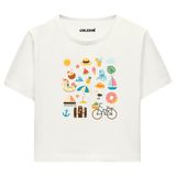Colermi Kadın Crop Tişört - Yaz Temalı Eğlenceli Tasarım Baskılı Pamuklu Crop Top (Ekru, S-M)