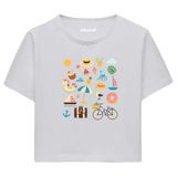 Colermi Kadın Crop Tişört - Yaz Temalı Eğlenceli Tasarım Baskılı Pamuklu Crop Top (Gri, L-XL)