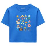 Colermi Kadın Crop Tişört - Yaz Temalı Eğlenceli Tasarım Baskılı Pamuklu Crop Top (Mavi, S-M)