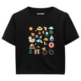 Colermi Kadın Crop Tişört - Yaz Temalı Eğlenceli Tasarım Baskılı Pamuklu Crop Top (Siyah, S-M)