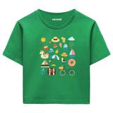 Colermi Kadın Crop Tişört - Yaz Temalı Eğlenceli Tasarım Baskılı Pamuklu Crop Top (Yeşil, L-XL)