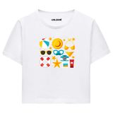 Colermi Kadın Crop Tişört - Yaz Temalı Eğlenceli Tasarım Pamuklu Kısa Kollu Crop Top (Beyaz, S-M)