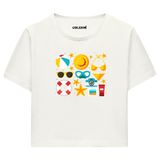 Colermi Kadın Crop Tişört - Yaz Temalı Eğlenceli Tasarım Pamuklu Kısa Kollu Crop Top (Ekru, L-XL)