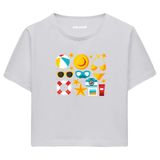 Colermi Kadın Crop Tişört - Yaz Temalı Eğlenceli Tasarım Pamuklu Kısa Kollu Crop Top (Gri, S-M)